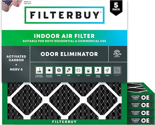 Filterbuy 12x12x1 Air Filter MERV 8 (MPR 700) Odor Eliminator Replacement (5-Pack), Electrostatic Pleated HVAC AC Furnace Filters w/Activated Carbon, Made in USA (Actual Size: 11.75 x 11.75 x 0.75)