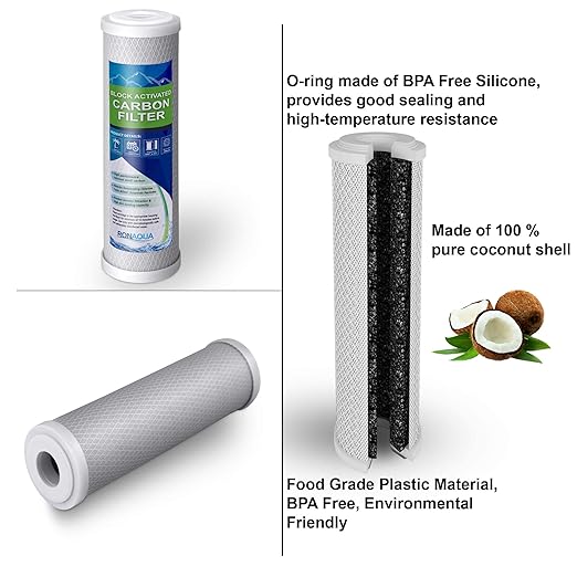 10 Inches Transparent Standard Whole House Water Filter System with Presser Relief Valve, 3/4” Inlet/Outlet Brass Port and Yearly Supply (3) Block Activated Carbon Cartridges 5 Micron