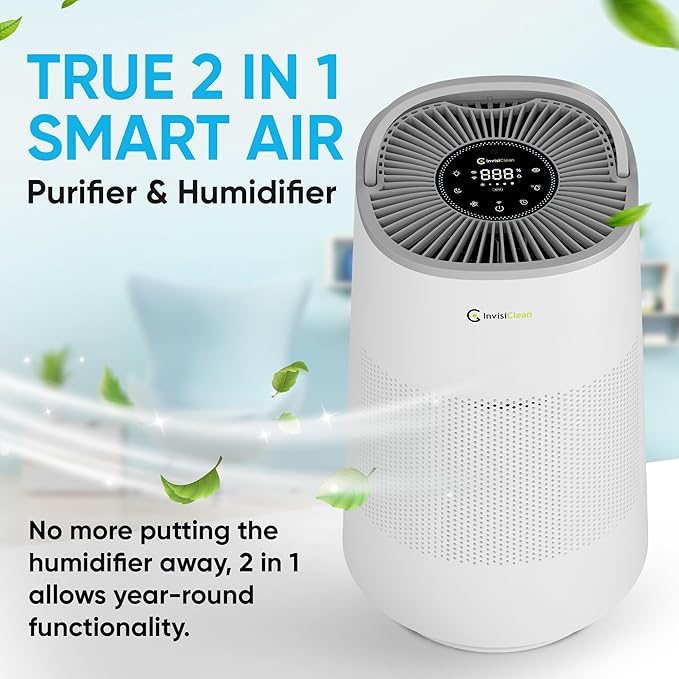 Air Purifier and Humidifier Combo All in One for Bedroom - Quiet 2 in 1 Smart Air Humidifier and Purifier for Home - Use Year-round for up to 1100 sq ft - InvisiClean AquaNova