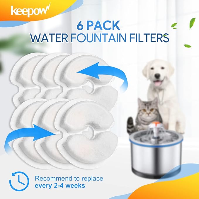 KEEPOW Pet Fountain Filter Replacement for 67oz/2L & 84oz/2.5L - 6 Pack Cat Fountain Filter Compatible With Plastic & Stainless Steel