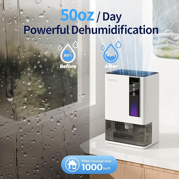 Dehumidifier for Home, Small Quiet Dehumidifiers for Bedroom, Bathroom, Basement, Up to 1000 Sq. Ft, Auto Shut-Off & Defrost, 7 Colors LED Light