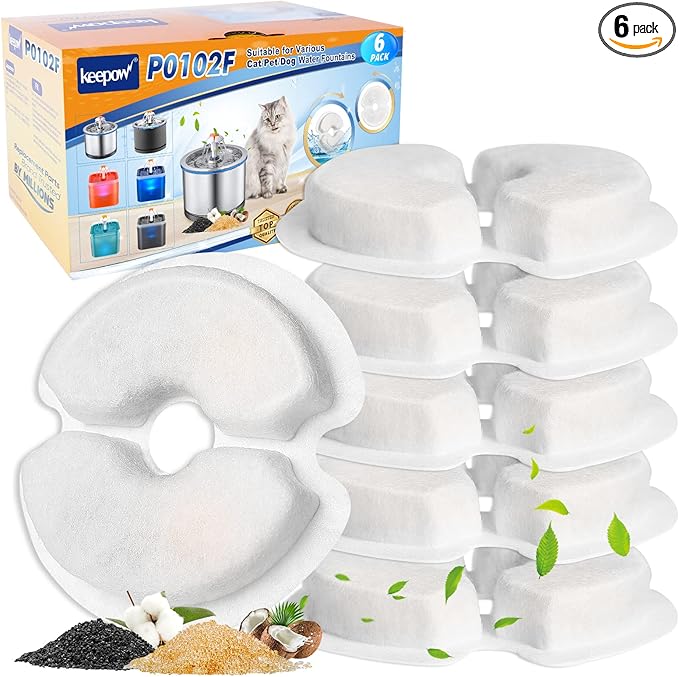 KEEPOW Pet Fountain Filter Replacement for 67oz/2L & 84oz/2.5L - 6 Pack Cat Fountain Filter Compatible With Plastic & Stainless Steel