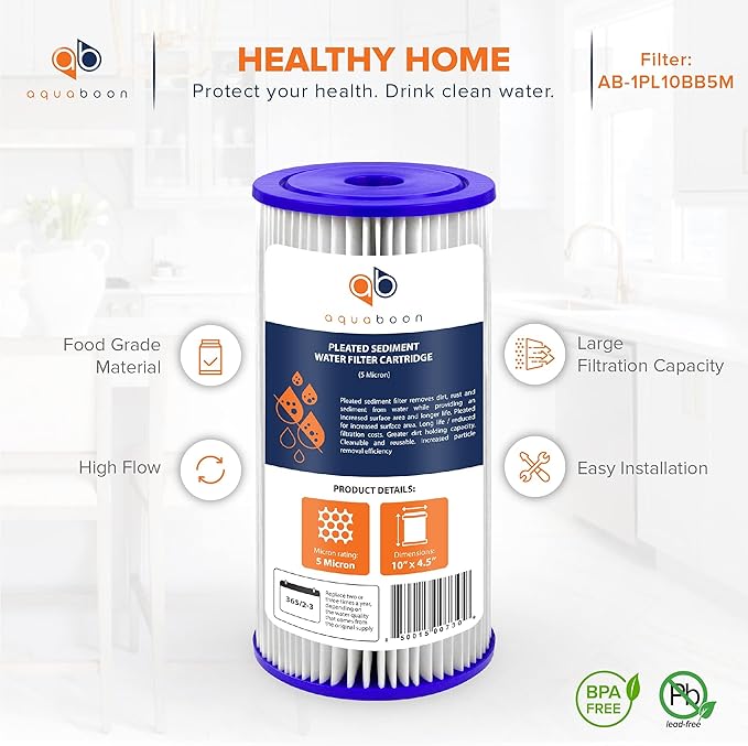 Aquaboon 5 Micron Pleated Sediment Water Filter 10 x 4.5 Cartridge - Whole House Water Filter Replacement - Whole House Water Filters Cartridges Compatible with Well Filters FXHSC, R50-BBSA, 20-Pack