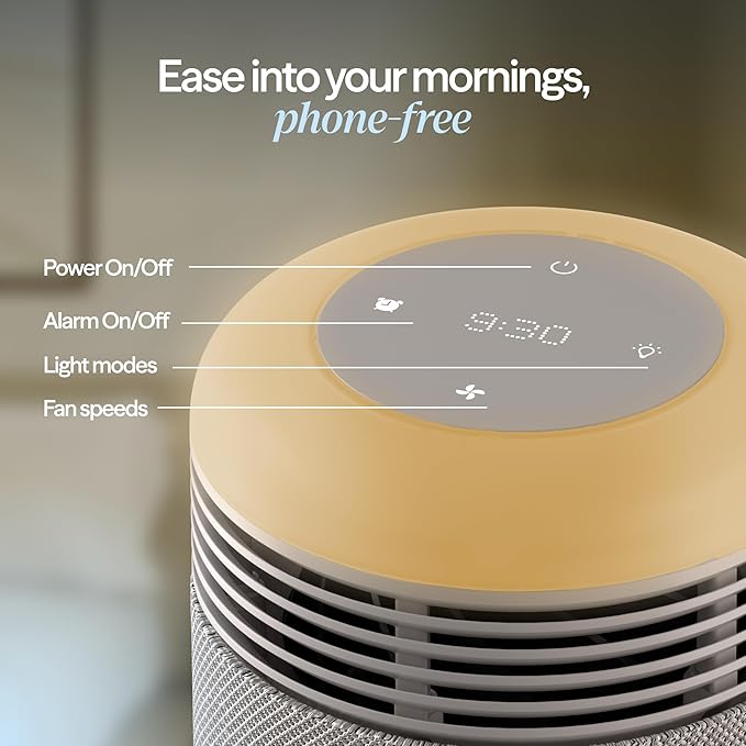 BLUEAIR Purifier for Bedroom - Mini Restful - Sunrise Clock with HEPASilent Filtration and Wake Up Light - Cleans Air and Supports Circadian Rhythm - USB-C and App Connectivity, Beige