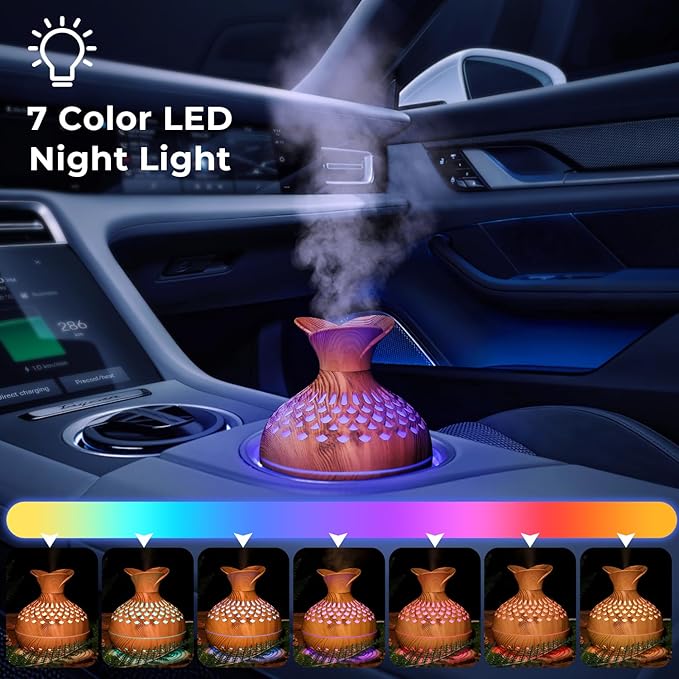 Portable Mini Humidifier, 300ml Small Humidifiers Wooden Vase Flower Aroma Diffuser, Quiet Cool Mist Humidification for Baby Bedroom Travel Office, USB Powered, Colorful Light, Lightwood
