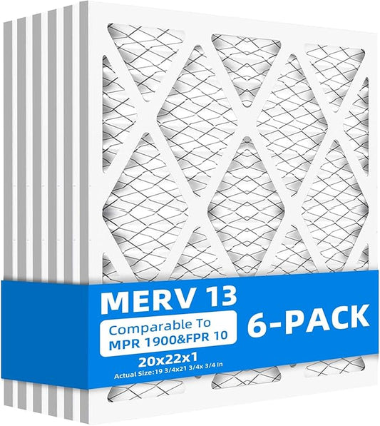 (6 Pack) 20x22x1 Furnace Air Filters, MPR 1900 & FPR 10, MERV 13 Pleated Air Filter (Actual Size: 19 3/4"x21 3/4"x3/4")