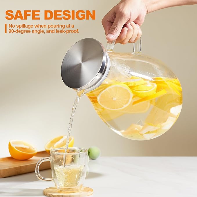 Glass Pitcher with Lid,1 Gallon Glass Water Pitcher Hot/Cold Water Jug, 128oz Juice and Iced Tea Beverage Carafe with Lid (Extra-Wide Mouth)