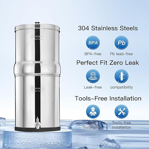 2.25 Gallon Stainless Steel Gravity-Fed Water Filter System with 2 White Ceramics Purification Washable Filter, Portable Countertop Filter System for Home and Outdoor Camping Use