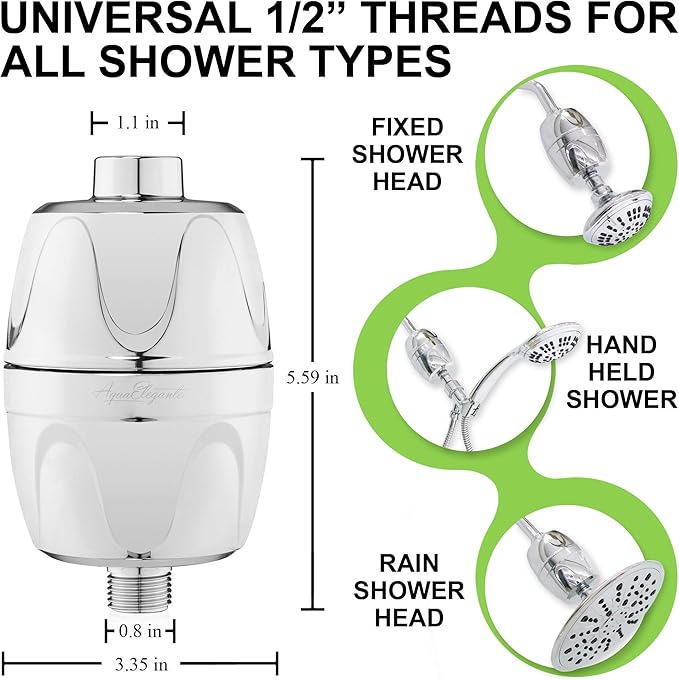 Aqua Elegante Shower Water Filter For Showerhead - Universal Shower Head Filters To Remove Chlorine & Hard Minerals - Bath Purifier And Filtered Softener System Best With Activated Charcoal - Chrome