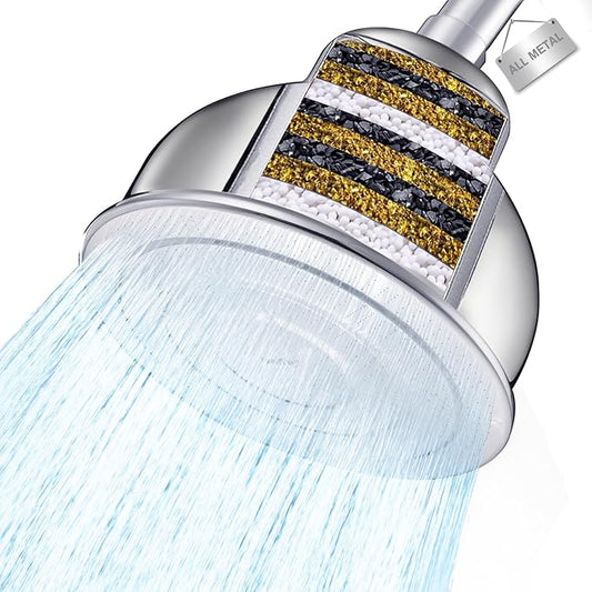 All Metal Filtered Shower Head, Shower Filter Head For Hard Water Removes Chlorine, Improve Hair,Nails & Skin, Adjustable High Pressure Water Softener Showerhead, 6 Inch, Chrome
