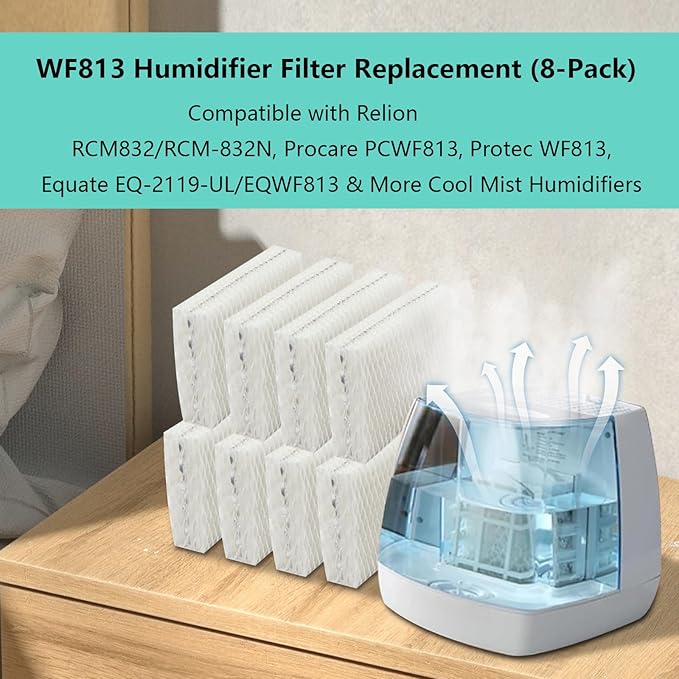Replacement Humidifier Filters, Compatible with Equate EQWF813 PCWF813 Relion RCM832 RCM-832N Protec RWF813 EQ-2119-UL PCCM-832N Cool Mist Humidifiers Wick Filter (8 Pack)