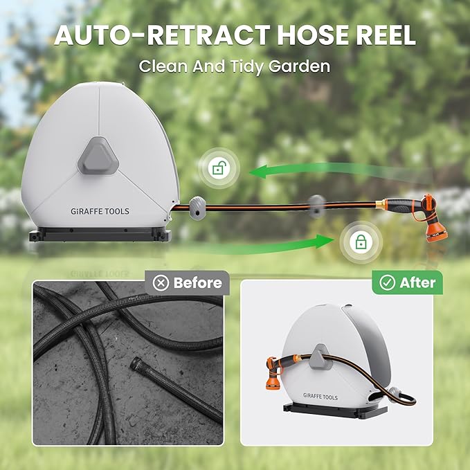 Giraffe Tools Ground Mounted Retractable Hose Reel 1/2 Inch x 82FT, Heavy Duty Automatic Rewind Garden Hose Reel, with Flexible Swivel Base for Lawn, Concrete Floor