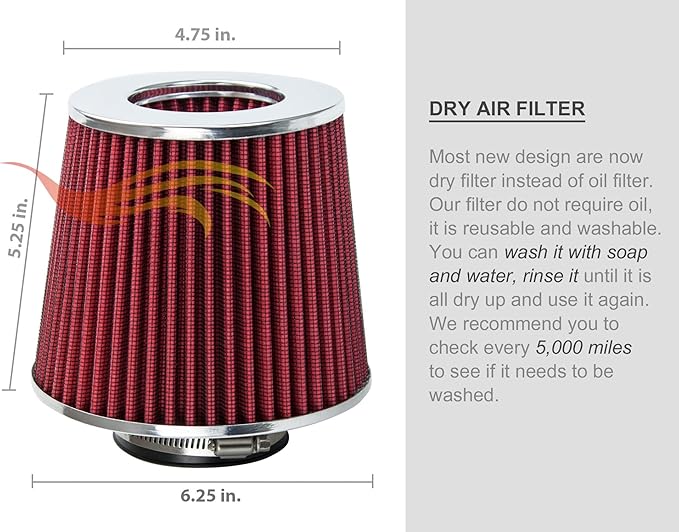 RED 3.5" 89 mm Inlet Truck Cold Air Cone Replacement Performance Washable Clamp-On Dry Air Filter (8" Tall)