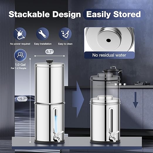 1G Gravity-fed Water Filter System - NSF/ANSI 42&372 Certified 18/8 Stainless Steel Countertop Water Filtration System - Water Level Window, Reduce 99.9% of Chlorine, for Camping, RVs