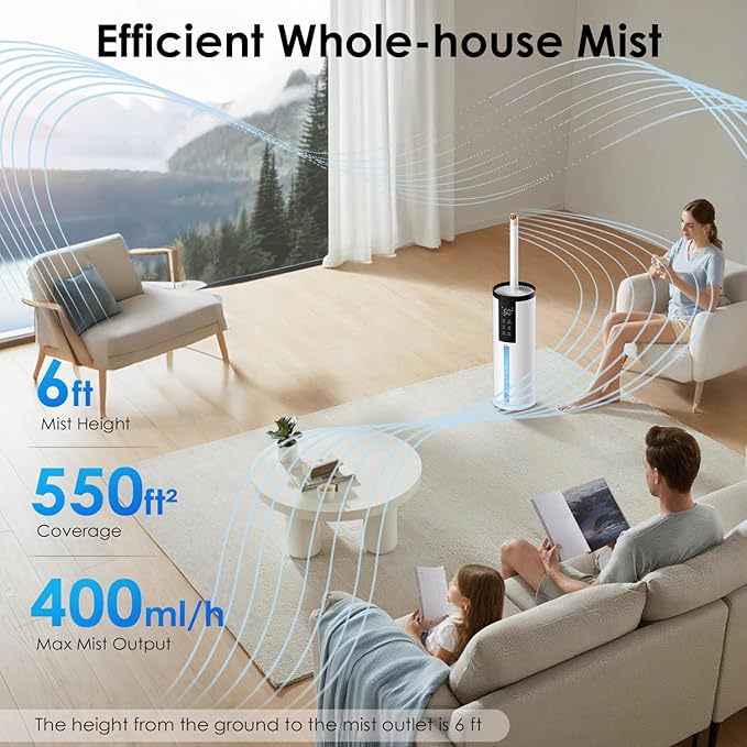 Humidifiers for Bedroom - GloryAir 2.11Gal (8L) Quiet Top Fill Cool Mist Humidifier Large Room 550 ft² 120H Runtime with Humidistat, Auto Mode Diffuser 7-Color Light for Plants Baby Adults Office Home