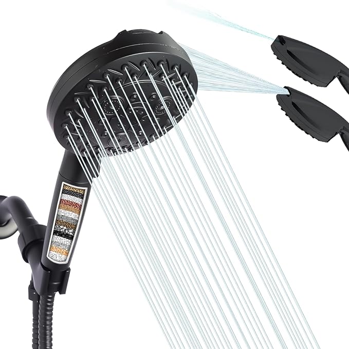 All-in-One Detachable Filtered Shower Head with Handheld,10 Spray Modes,Built-in 2 Power Wash,High Pressure Shower Heads with Filter for Hard Water (Filter, Black)