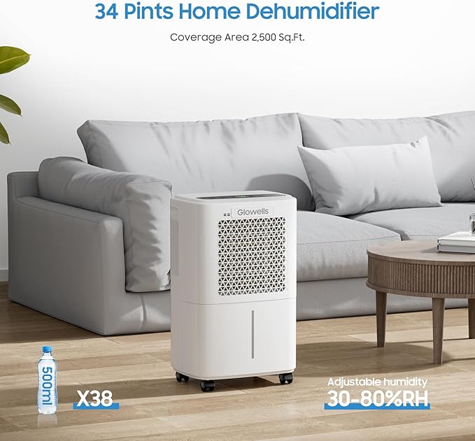 2500 Sq.Ft Dehumidifiers for Home Basement with Drain Hose, 34 Pints Large Room Dehumidifier Portable with Smart Humidity Control, 3 Opeartion Modes for RV, Bathroom, Bedroom