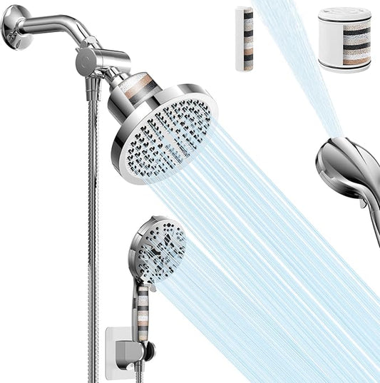 High Pressure Filtered Shower Head Combo with Handheld Spray, 6" Rain Shower Head & 5" Handheld Shower Head with Filters, 69" Stainless Steel Hose - Dual Shower Head Set for Bathroom Home