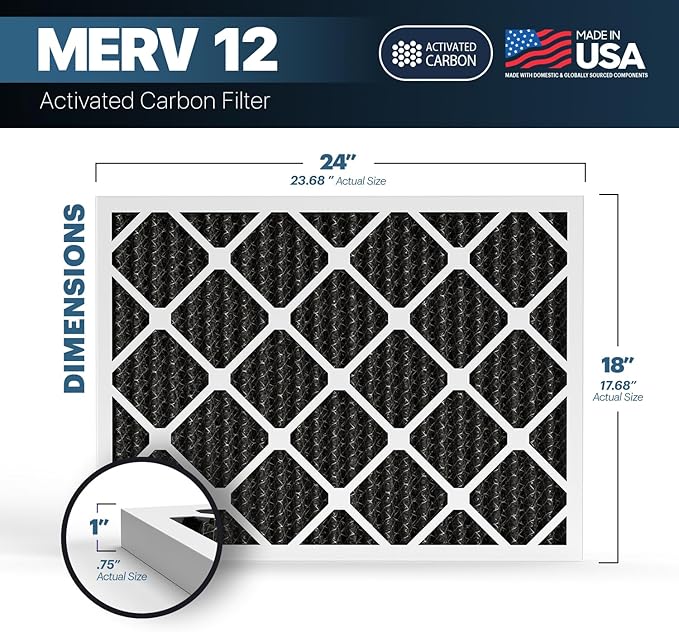 BNX TruFilter 18x24x1 MERV 12 Odor Defense (6-Pack) AC Furnace Air Filter with Activated Carbon - MADE IN USA - Pleated Air Conditioner HVAC AC Furnace Filters - Removes Odor, Mold, Bacteria, Smoke
