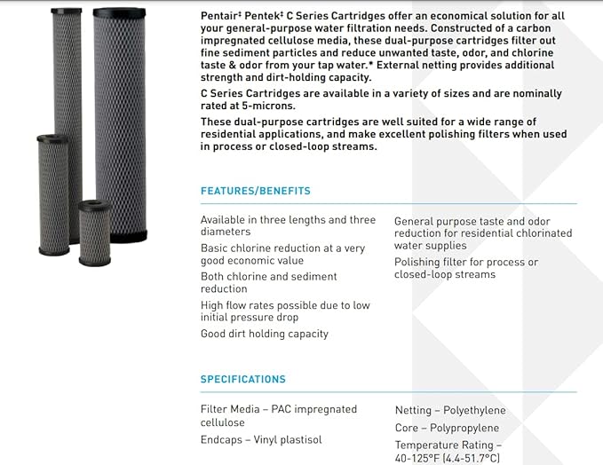 Pentair Pentek C1-20 Carbon Water Filter, 20-Inch, Whole House Dual Purpose Powdered Activated Carbon-Impregnated Cellulose Replacement Cartridge, 20" x 2.5", 5 Micron