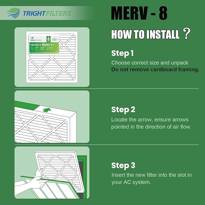10x10x1 Air Filter 6 Pack, Durable MERV 8 Pleated Home HVAC AC Furnace Filters, Lightweight Compact Air Conditioner Filter Replacement