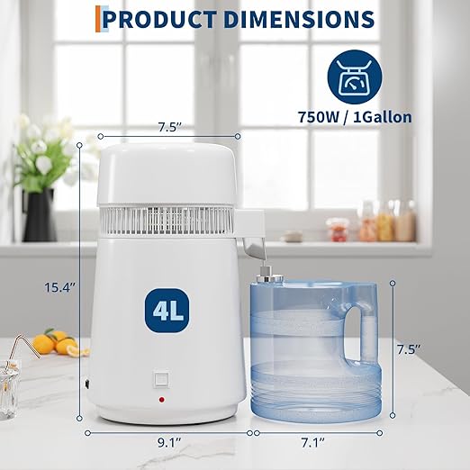 GarveeHome Water Distillers for Home Countertop, 1Gal/4L Stainless Steel Distilled Water Machine with Glass Container, 750W Desktop Drinking Purifier Filter Distilling Kit