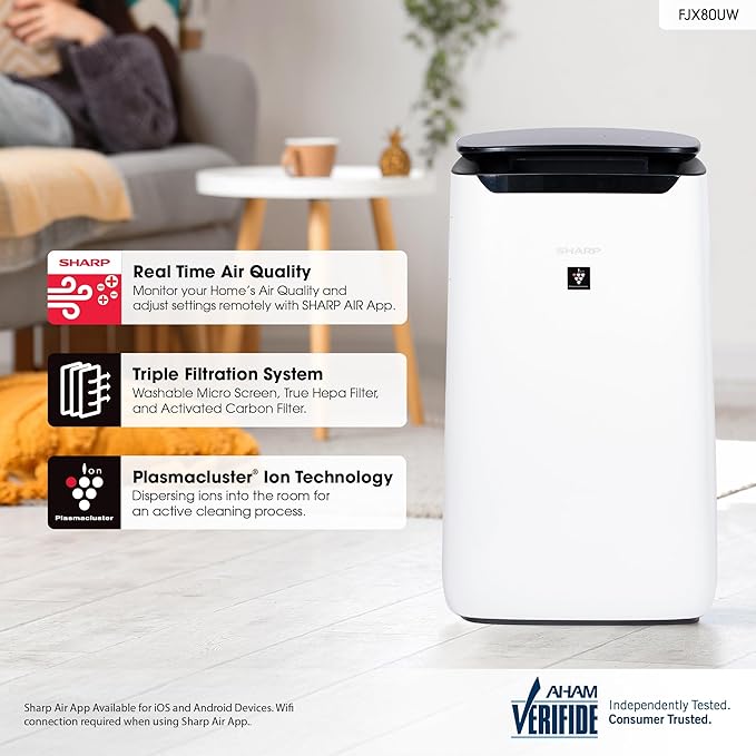 SHARP Smart Air Purifier for XL Rooms – Covers up to 2,430 sqft in one hour, Compatible w/Alexa, True HEPA Filter Air Purifier for Living Room, Dust, Smoke, Pollen - FXJ80UW