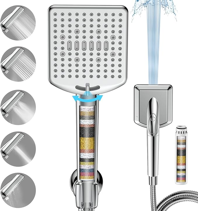 Filtered Shower Head with Handheld - High Pressure 6 Modes, 120 Anti-clog Nozzles, Detachable Showerhead with Hard Water Filters, Extra Long 6ft Hose, Power Wash Mode to Clean Bathroom, Pets