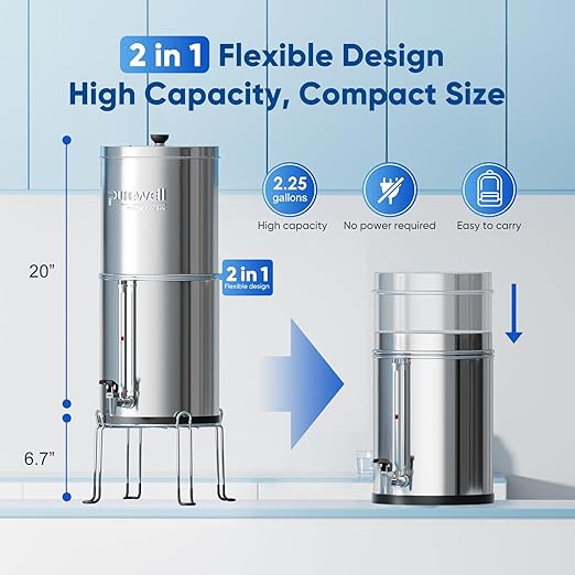 Purewell 8-Stage Gravity Fed Water Filter System, 2.25 Gallon Stainless Steel Countertop System with 4 Filters, Metal Water Level Spigot and Stand, Reduce Fluoride and Chlorine, PW-OBT-CF