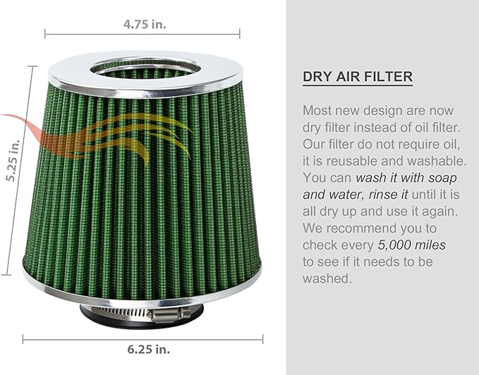 GREEN 2.75" 70 mm Inlet Cold Air Intake Cone Replacement Performance Washable Clamp-On Dry Air Filter