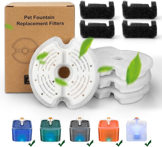 Cat Water Fountain Filter, Multiple Filtration Pet Water Fountain Replacement Filter,4 Cotton Activated Carbon Cat Fountain Filters and 4 Pre-filter Sponges (4+4 Pack)
