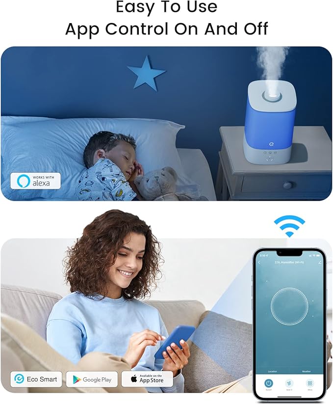 Humidifiers for Bedroom Large Room, Esemoil Smart WiFi Cool Mist Humidifiers for Baby, 3.5L Top Fill & 28dB Quiet, 40H Air Ultrasonic Diffuser with 8 Color Light, Voice Control, Compatible with Alexa