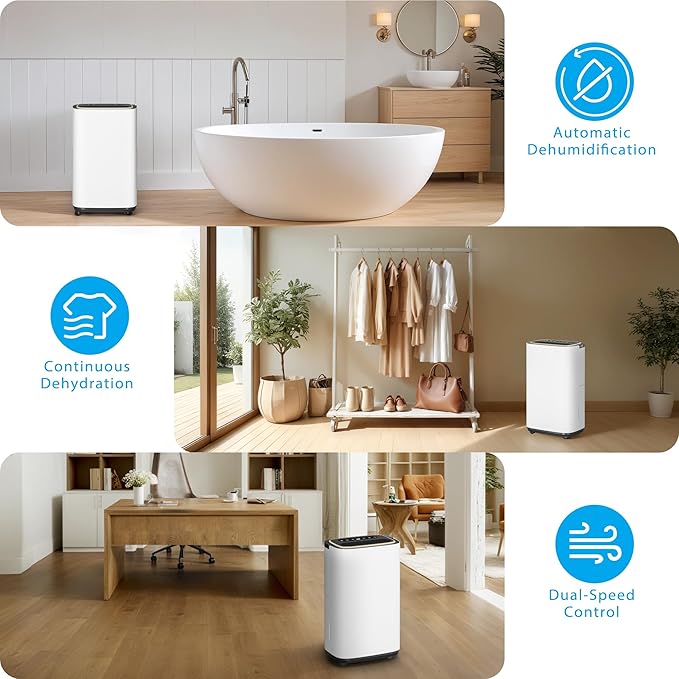 34 Pint Dehumidifier- 3000 Sq. Ft. Large Basement Dehumidifiers with Drain Hose for Large Rooms - Powerful Moisture Removal with Compressor- Dehu/Dry/Air Mode, LED Display,Timer, Child Lock