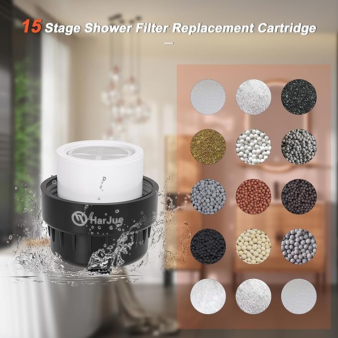 HarJue 15 Stage Shower Filter Replacement Cartridge, Universal High Output Filter for Hard Water, Removes Chlorine and Harmful Substances, Body Caring, Fit Any Similar Shower, 1 Pack