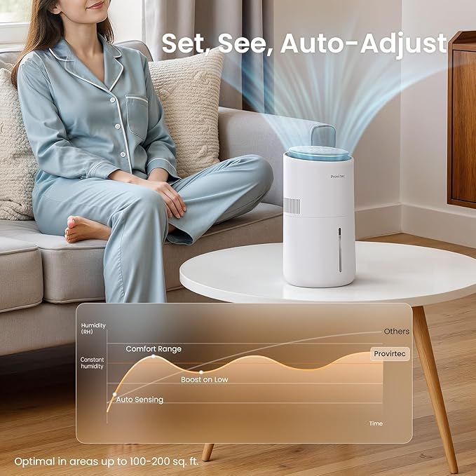 MistFree Evaporative Humidifier for Bedroom, 3L No White Dust for Sensitive Individuals & Kids, Auto Humidity Control, Ultra Quiet Sleep Mode, Easy Clean Tank for Office & Small Room