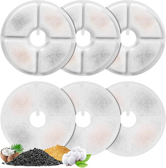 6 Pack Cat Water Fountain Filters, GISOFIK Pet Water Fountain Filters, Triple Filtration Replacement Filters for Most 3L and 2L Flower Cat Drinking Water Fountains(5.5 inch Diameter)