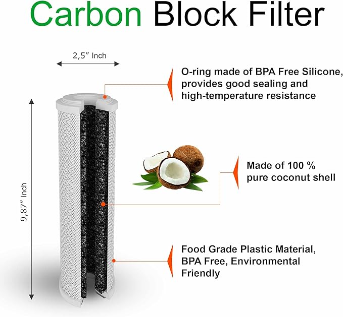 1 Standard Coconut Shell Block Carbon & 1 Four Layers of Filtration Polypropylene Sediment 5 Micron 2.5"x 10" Water Filter Cartridges Universal replacement for Reverse Osmosis & Standard 10” Housing