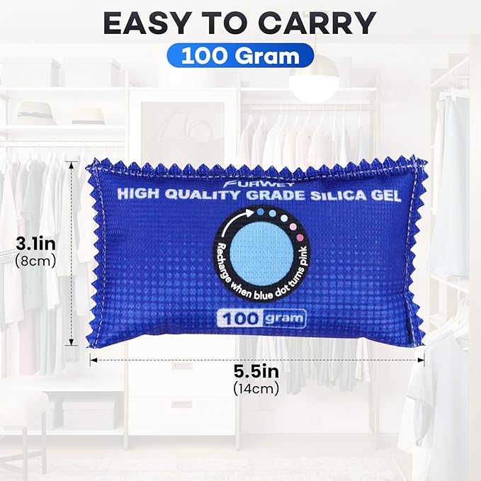 100g [ 24 Packs] Rechargeable Desiccant Packs for Storage, Color Indicating Silica Gel Desiccant Packets, Moisture absorbers for Storage,Dehumidifier bag for Closets,Cars,Storage Bins