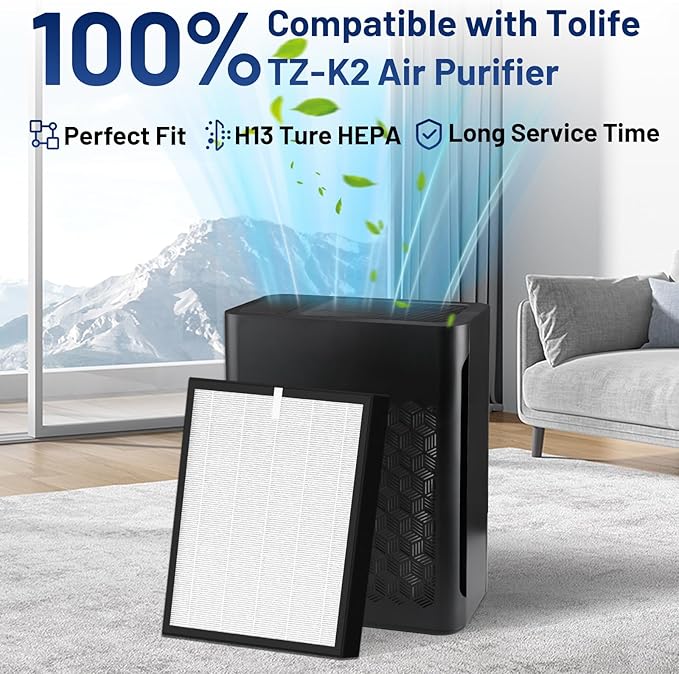 TZ-K2 Replacement Filter Compatible with ToLife Air Puri-Fier Filter TZ-K2-A, 3-in-1 H13 HEPA with Activated Carbon and Pre-Filter, 2 Pack