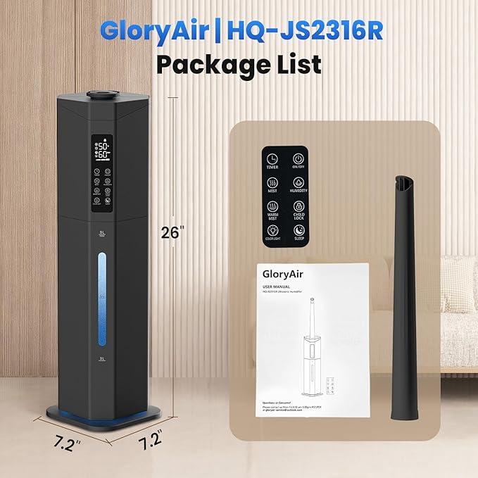 Humidifiers for Bedroom - GloryAir 2.38Gal/9L Top Fill Warm & Cool Mist Humidifier for Large Room 750ft² with Auto Mode 7-Color Light, Humidistat, Quiet Humidifier for Plants Baby Adults Home & Office
