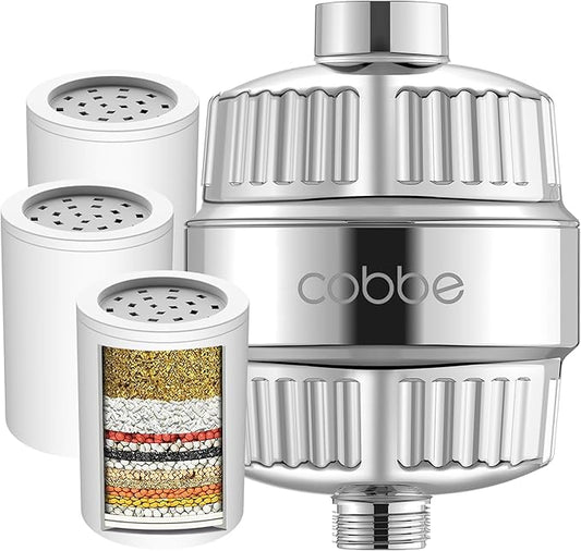 Cobbe High Output Shower Filter for Hard Water - Extra 2 Replaceable Cartridges - Removing Chlorine and Harmful Substance, and Dramatically Improves The Condition of Your Skin, Hair and Nails - Chrome