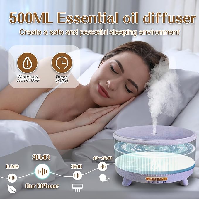 Essential Oil Diffusers for Home 500ml,Aromatherapy Diffusers for Essential Oils Large Room with 7 Colors Lights & 3 Mist Mode Waterless Auto Off,Cool Mist Humidifiers for Decor，Purple