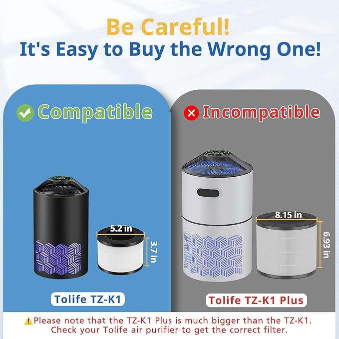 2 Pack TZ-K1 Replacement Filter Compatible With FreAire Air Purifier, ToLife And MK01 MK06 Purifier, 3-in-1 Upgraded Filtration Filters, Activated Carbon and Pre-filter, 360° Rotating Filter(Black)
