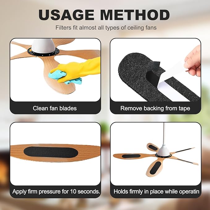 Ceiling Fan Filters for Blades 10 Pcs Activated Carbon Air Filter Easy-Stick Ceiling Fan Blade Filter for Home Office Common Household Contaminants All Fan Blades