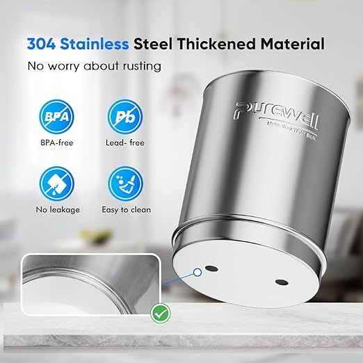 Purewell 3-Stage Gravity Fed Water Filter System, 2.25 Gallon Stainless Steel Countertop System with 2 Washable Ceramic Filters and Stand, Reduce up to 99% Chlorine, PW-OBT