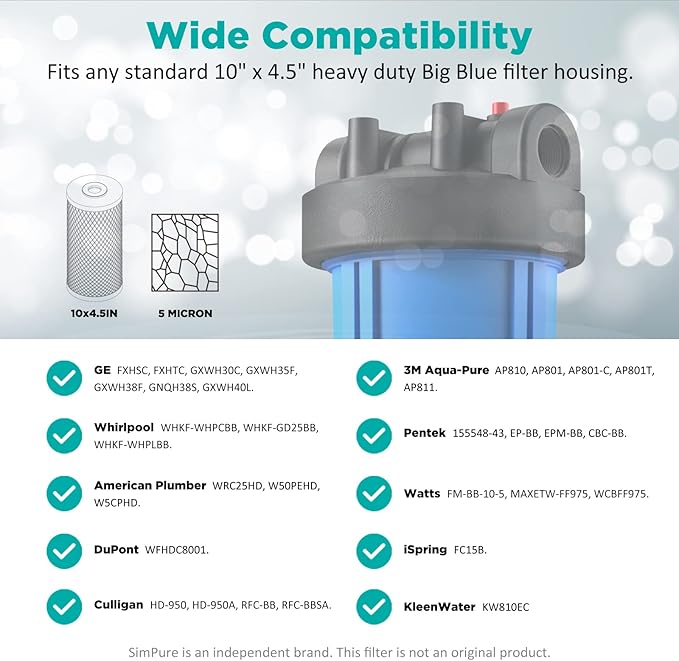 SimPure Whole House Water Filter, 10" x 4.5" BB Activated Carbon Block Filter Replacement Cartridge Coconut CTO Filter Compatible with GE FXHTC, GXWH40L, GXWH35F, GNWH38S, WHKF-GD25BB (4 Pack)