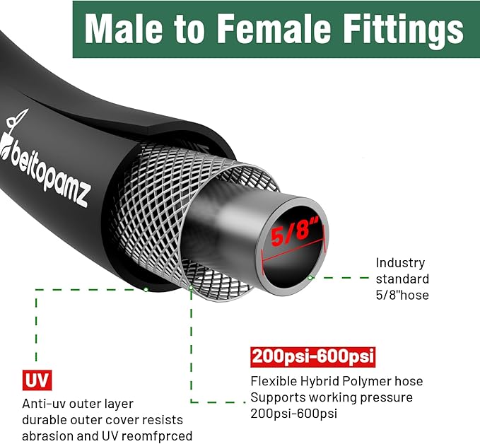 100 ft Garden Hose, 5/8 in Heavy Duty Water Hose, Flexible and Durable, Lightweight Rubber Hybrid Hose, Leak-Free Connections, Male to Female Fittings, BT100B, Black