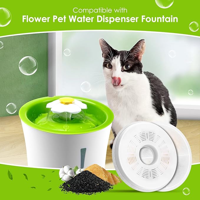 Cat Water Fountain Filters, 6 Pack Triple Action Water Fountain Filters, Replacement Cat Drinking Fountain Filters, Activated Carbon Filter Compatible with 3L Flower Pet Water Dispenser Fountain