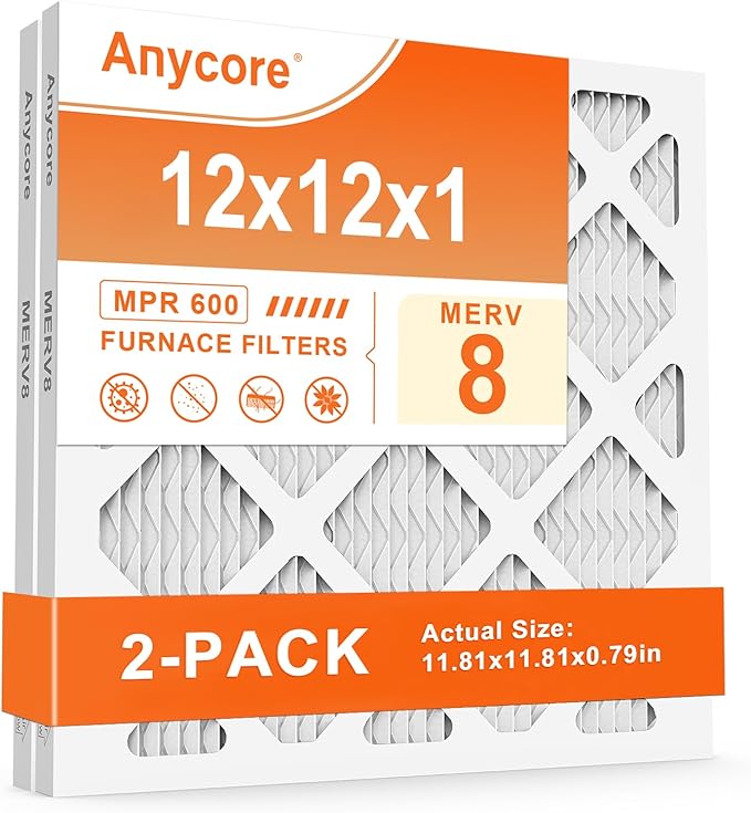 12x12x1 Furnace Air Filter MERV 8 MPR 600 FPR 5 HVAC Pleated Filters for Home Office 2-Pack (Actual Size: 11.81x11.81x0.79 inch)
