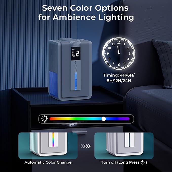 Dehumidifiers for Home, 42 OZ (400 sq.ft) Small Dehumidifier with Timer, Auto Shut Off, Auto Defrost, 7 Colors LED Light, Quiet Energy Saving Dehumidifier for Bedroom, Bathroom, Basement, Closet, RV